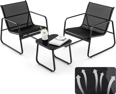 Immagine prodotto di KOMFOTTEU 3 pezzi. Set da balcone Bistro, set di mobili da balcone con 2 sedie impilabili in tessuto Textilene e tavolo da giardino, set da giardino (nero)