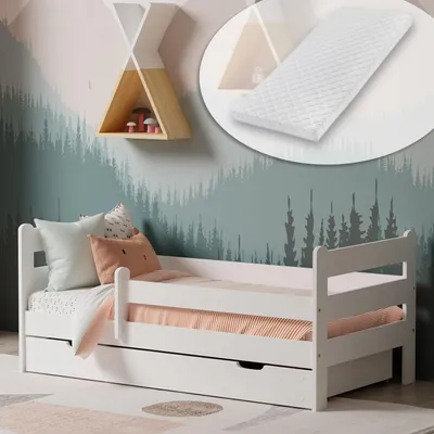 Produktbild von Kids Collective Kinderbett 90x200 cm Kinder Bett Jugendbett Juniorbett | Mit Rausfallschutz, Schublade & Matratze | Komplett-Set | 90×200 cm von 4. bis 18. Lebensjahr | Weiß