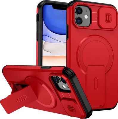 Immagine prodotto di Custodia magnetica per iPhone 11, custodia resistente a doppio strato con protezione scorrevole della fotocamera e supporto regolabile Rosso