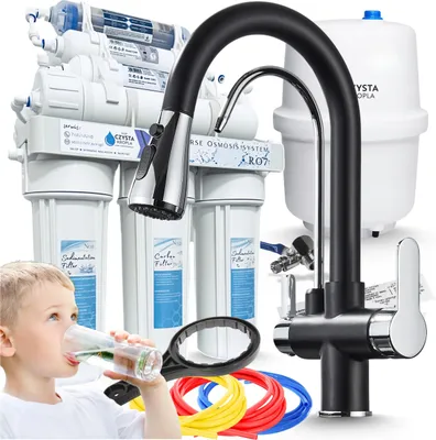 Produktbild von Wasserfilter Set RO7 mit 3-Wege Küchenarmatur Nordic Schwarz-Chrom, 7-stufige Umkehrosmose, Mineralisierung