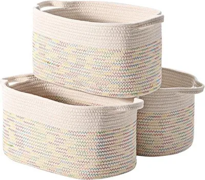Produktbild von Korb aus Baumwollseil, gewebt – Aufbewahrungsbox für Babysachen, Spielzeugorganizer – Wäschekorb für Kinder – 38x25x22cm – Weiß mit bunten Akzenten – Set aus 3 Stück