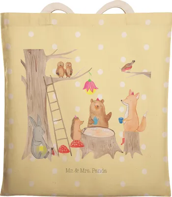 Produktbild von Mr. & Mrs. Panda Tote Bag Waldtiere Picknick - Gelb Pastell - Geschenk, Lustige Sprüche, Beutel Tasche, Maus, Tragetasche, Einkaufstasche, Hase, Beuteltasche, Wald, Igel