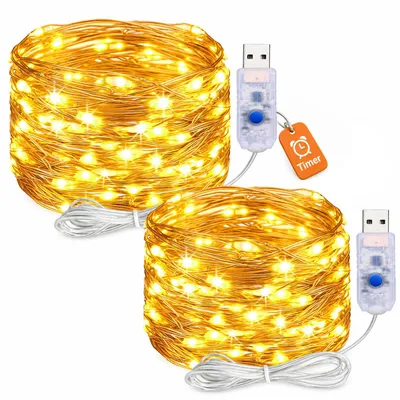 USB-Lichtschnur mit Timer, 5 m, 50 LEDs, warmweiß, 2 Stück