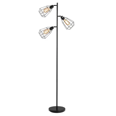 A black industrial-style floor lamp with three cage-shaped lampshades.