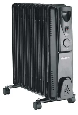 A black electric oil radiator with wheels.