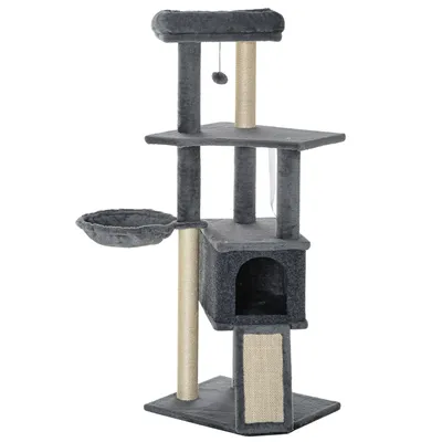 A multi-level cat tree with scratching posts, a basket, and a hideaway.