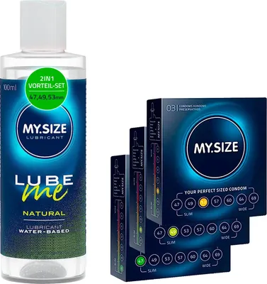 Produktbild von MY.SIZE Kondom + Gleitgel Set mit 100 ml Lube Me Natural & 3x3 Kondome 47, 49, 53 mm | Wasserbasiertes Gleitmittel | Lubricant Gel Für Toys & Latexkondome geeignet