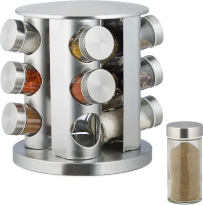 Produktbild von Relaxdays Gewürzregal, mit 12 tlg. Streuer-Set , Edelstahl, drehbar, modernes Design, spülmaschinengeeignet, silber