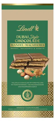 Zdjęcie produktu dla Czekolada Lindt Dubai Style w tabliczkach z migdałami i orzechami makadamia, opakowanie 150 g