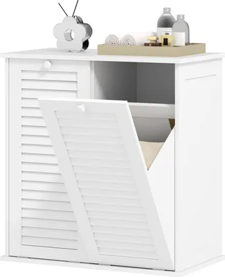 Produktbild von Wäscheschrank, Badschrank mit 2 Wäschekörben, Badezimmerschrank mit Griffen, Lamellentüren Wäschesammler Badmöbel für Badezimmer 70 x 38 x 73 cm Weiß Aosom
