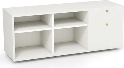 Produktbild von Wohnzimmerschrank, moderner TV-Ständer für 49-Zoll-Fernseher mit 4 offenen Fächern & 2 Schubladen, platzsparender Medienkonsolentisch, weiß