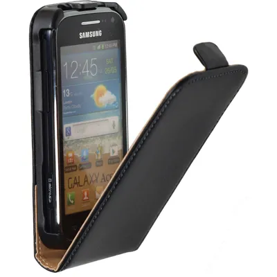 Produktbild von PhoneNatic Kunst-Lederhülle kompatibel mit Samsung Galaxy Ace 2 - Flip-Case schwarz + 2 Schutzfolien