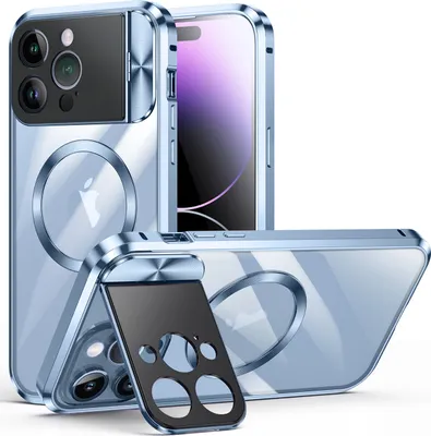 Produktbild von Handyhülle für iPhone 14 Pro MagSafe Hülle, Integrierter Kamera-Ringständer, Magnetische Adsorption Metallrahmen Schutzhülle Blau