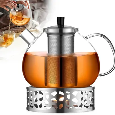 Produktbild von Teekanne aus Glas 1,5l + ein Stövchen aus Edelstahl, 3-teilige Glasteekanne mit integriertem Edelstahl Sieb und Glasdeckel, ideal zur Zubereitung von