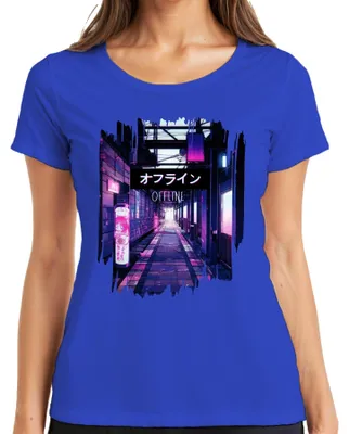 Zdjęcie produktu dla オフライン OFFLINE Cyberpunk Neon Anime Vaporwave Aesthetics Japan Retro Damska Koszulka, Niebieski, M