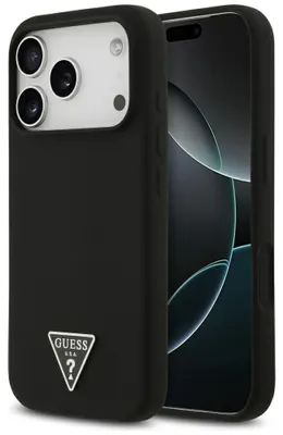 Image de Étui GUESS adapté à l'iPhone 17 Pro Max, compatible avec MagSafe, référence GUHMP17XSCTRLMK (silicone avec logo triangulaire), noir