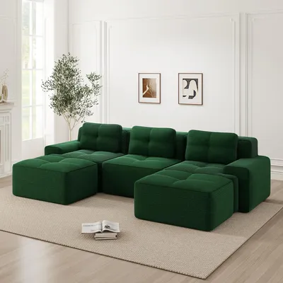 Produktbild von Cordstoff-Cloud-Sofa U-Form, rahmenloses Modulsofa, mit Ottoman, 293 x 177 x 69 cm, Grün