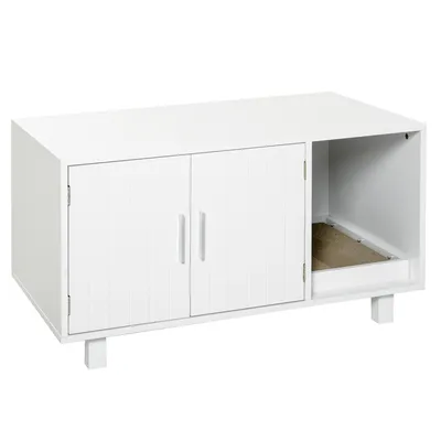 Image de PawHut Maison de toilette pour chat, meuble 2 portes cache litière pour chat, compartiment ouvert griffoir, table d'appoint, 91L x 52l x 50,5Hcm, en bois blanc