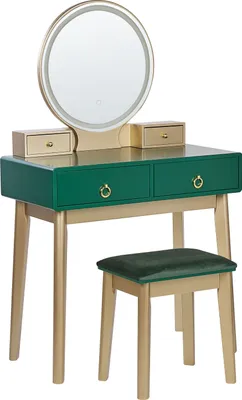 Produktbild von BELIANI Schminktisch Grün und Gold MDF-Platte mit Holzbeinen Rundem LED-Spiegel 4 Schubladen Hocker Glamour für Erwachsene Schlafzimmer Jugendzimmer