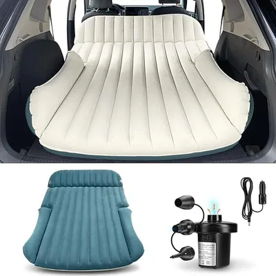 Immagine prodotto di Materasso per auto con rivestimento spesso e a doppio strato, materasso gonfiabile per auto con pompa e cuscino integrato, letto per auto sicuro, confortevole e resistente, ideale per campeggio in auto e viaggi on the road (blu e bianco)