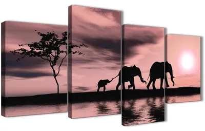 Leinwand-Wandkunst 4 Paneele 130 cm Breit Blush-Rosa Elefanten