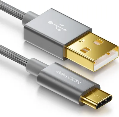 Produktbild von deleyCON 0,5m USB-C Kabel - Ladekabel Datenkabel - Nylon + Metallstecker - USB C auf USB A - Kompatibel mit Apple Samsung Google Huawei Xiaomi Tablet Laptop PC - Grau