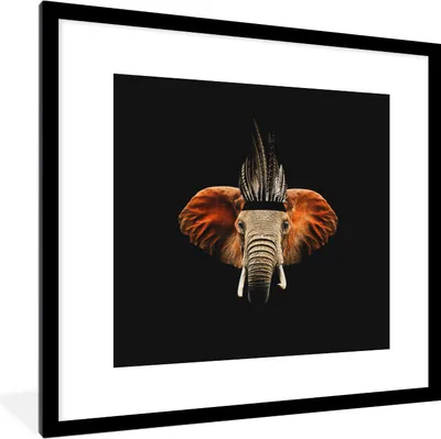 Produktbild von MuchoWow® MuchoWow® Gerahmtes Poster Elefant - Federn - Hut 40x40 cm - Poster mit zchwarzem Bilderrahmen - Poster - Plakat im Rahmen