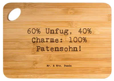 Produktbild von Mr. & Mrs. Panda holzschneidebrett Spruch Patensohn Charme - Transparent - Geschenk, handgemacht, Familienleben, Taufpate, Schneidebrett, Frühstücksbrett, Patenschaft