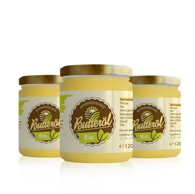 Produktbild von LaFiNa  Ghee Butteröl 120g | 3x120g Kombipaket | Ayurveda Gold Weidemilch | Hocherhitzbar bis 250°C laktosefrei | Probiergröße Butterschmalz