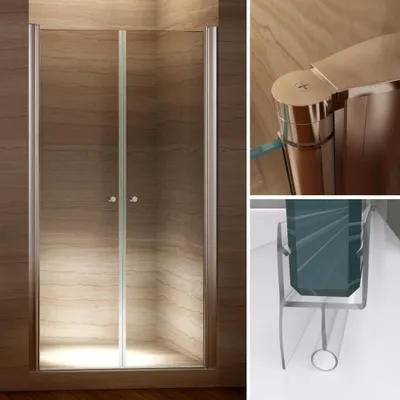 A collage showing a shower door, a close-up of its hinge, and a close-up of its seal.