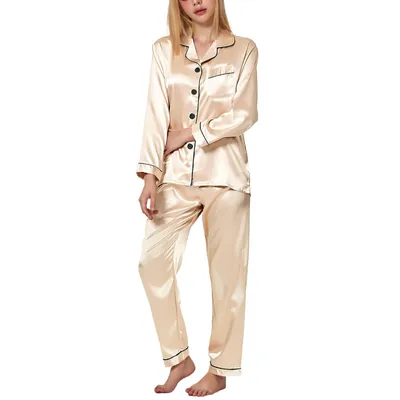 Produktbild von Satin Schlafanzug Damen, zweiteiliges Pyjama Damen Lange mit Knopfleiste, kuscheligem V-Ausschnitt, ideal für gemütliche Nächte zu Hause
