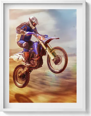 Produktbild von Motorradfahrer in der Wüste– Wandbild mit Rahmen – Gerahmtes Bild  – Wanddekoration – 60x80 cm –  Weiß Rahmen