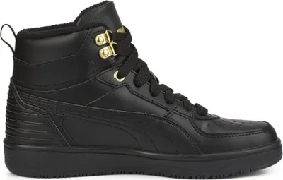 A black Puma high-top sneaker is shown from the side against a white background.
