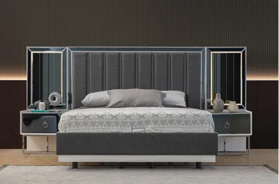 Image de Chambre à coucher gris ensemble lit en acier inoxydable 2x bois tables de chevet 3pcs