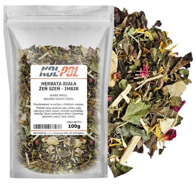 Zdjęcie produktu dla HERBATA BIAŁA ŻEŃ SZEŃ IMBIR 100g Liściasta aromatyczna mieszanka Kol-Pol