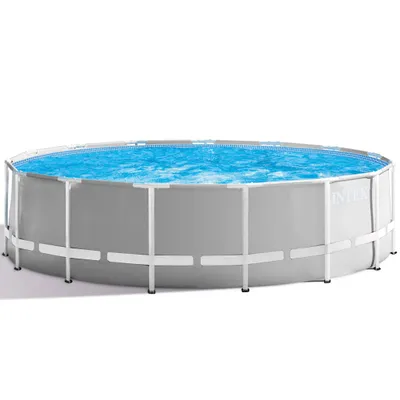 A round above-ground swimming pool filled with blue water, set against a white background.