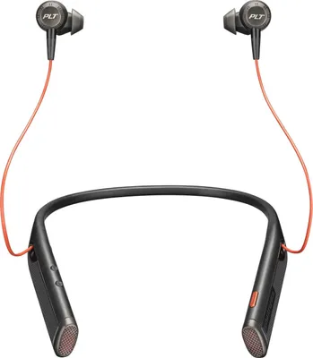 A pair of black and orange wireless earbuds with a neckband, shown against a white background.