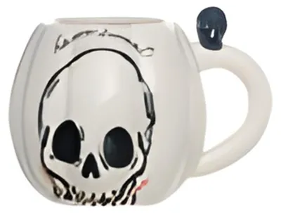 Produktbild von Weiße Halloween Kürbis Tasse mit schwarzem Totenschädel