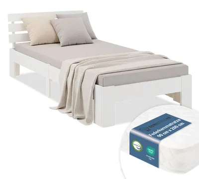 Image de Lit simple en bois 90x200 avec matelas à ressorts blanc Cadre de lit en bois massif sommier à lattes