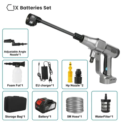 Image de Nettoyeur haute pression sans fil - Nettoyeur pour voiture et jardin - 200 bars - Buse 6 en 1 - 1 batterie - Tuyau d'eau de 5 à 10 mètres - Gris