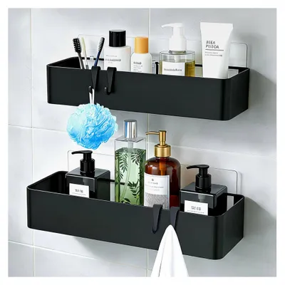 Produktbild von Duschablage ohne Bohren Schwarz, 2 Stück Duschregal aus Metall mit 4 Haken - Wasserdicht, Schnelltrocknend, Rostfrei - Große Kapazität für Shampoo und Duschgel im Badezimmer