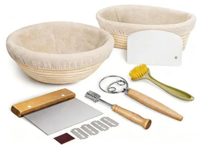 Obrázek produktu pro Sada kynácích košů na kváskový chléb s kulatou miskou o průměru 23 cm a oválnou miskou o průměru 25 cm, škrabkou na těsto a lame
