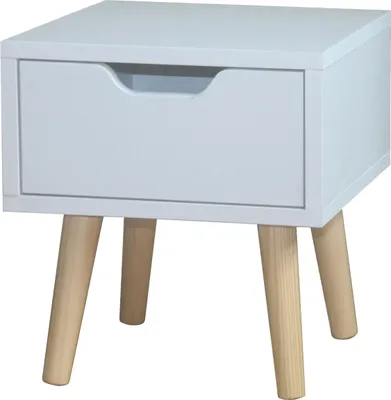 A white nightstand with a single drawer and wooden legs, shown from a front-diagonal angle.