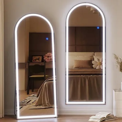 Image de Miroir mural en forme d'arc avec éclairage, grand miroir mural LED, miroir sur pied avec lumière, miroir en forme d'arc avec 3 modes de couleur et variateur d'intensité, miroir LED pour chambre à coucher, salon (noir)