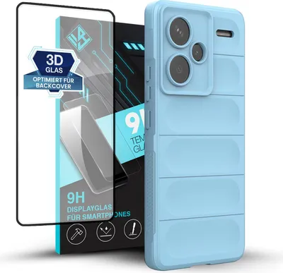 Produktbild von Handy Hülle für Xiaomi Redmi Note 13 Pro+ 5G mit 9H Displayglas Displayschutz Plus Grip Case Cover Schutzhülle Softgrip Farbe: Hellblau