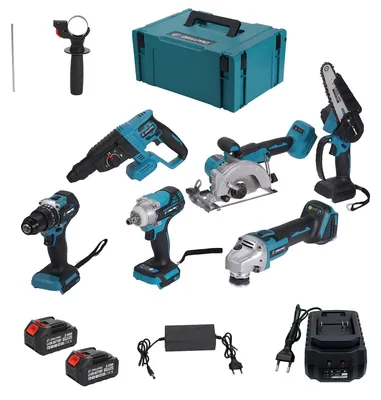 Produktbild von Drillpro 6-in-1 Akku Werkzeug Set Bürstenlos mit 2x 3,0Ah Akku, Schlagbohrer Schlagschrauber Kettensäge Bohrhammer Winkelschleifer Kreissäge Koffer