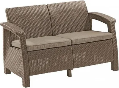 Produktbild von Keter Corfu Lounge Gartenmöbel Set 4teilig, mit Sitzkissen, für Garten, Terrasse und Balkon, cappuccino, wetterfest, Sitzgruppe aus Beistelltisch mit 2 Sesseln und Zweisitzer Gartensofa