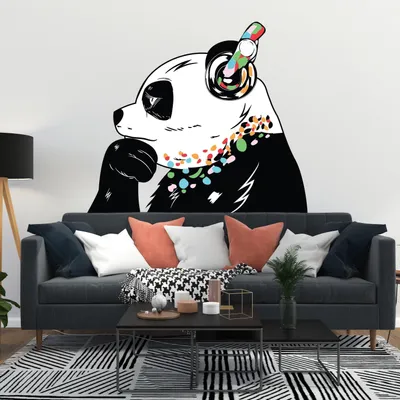 Imagen del producto de Calcomanía mural Decords – Panda con auriculares, estilo arte callejero, 79 x 56 cm, para colocar en la parte derecha