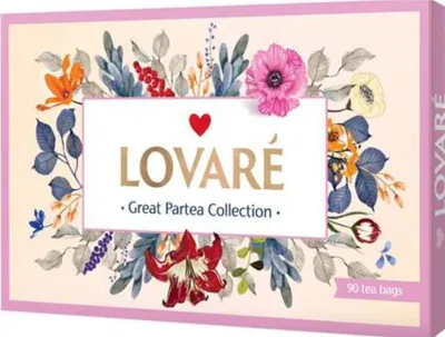 A box of LOVARÉ tea with floral decorations.