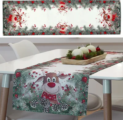 Produktbild von Tischläufer Rentier weiß bunt 40x160cm Tischtuch Tafeldecke Läufer Weihnachtsmotiv Tischdekoration Tischdecke